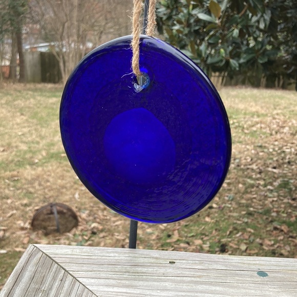 EVIL EYE Wall Hanging Charm Glass Patterned Blue and Gold Large 4.5" Round - Picture 6 of 8